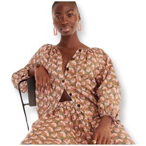 J. Crew Pink Floral Button-Front Puff Sleeve Top